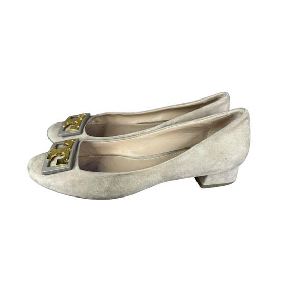 Tory Burch Gigi Suede Logo Block Heel Pumps Beige 6.5 Classic Minimalistic - Picture 9 of 10